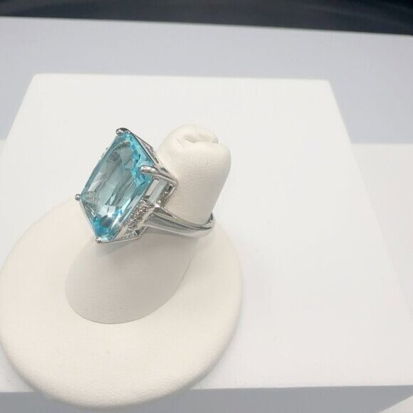 Aquamarine CZ Cocktail Ring With Silver Tone Brass Band Size 5 - Picture 6 of 11